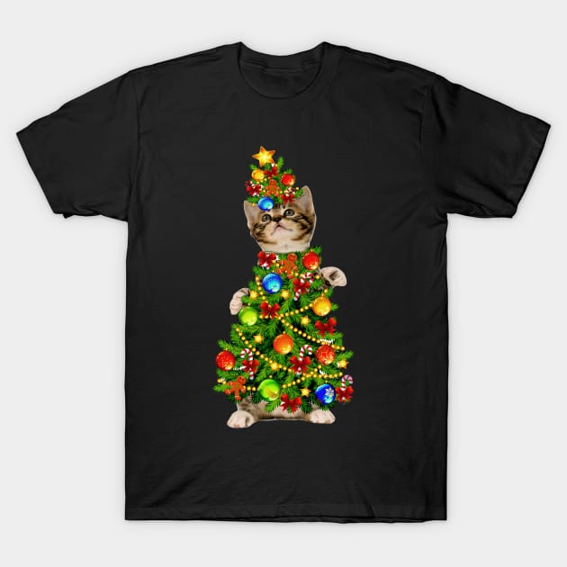 Cat Christmas Tree Light Funny Gift T-Shirt by kimmygoderteart
